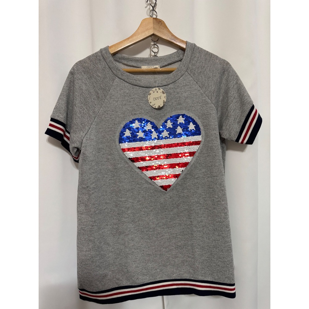 Oddi Womens Reversible Sequin Heart American Flag Short Sleeve Sweatshirt Gray S